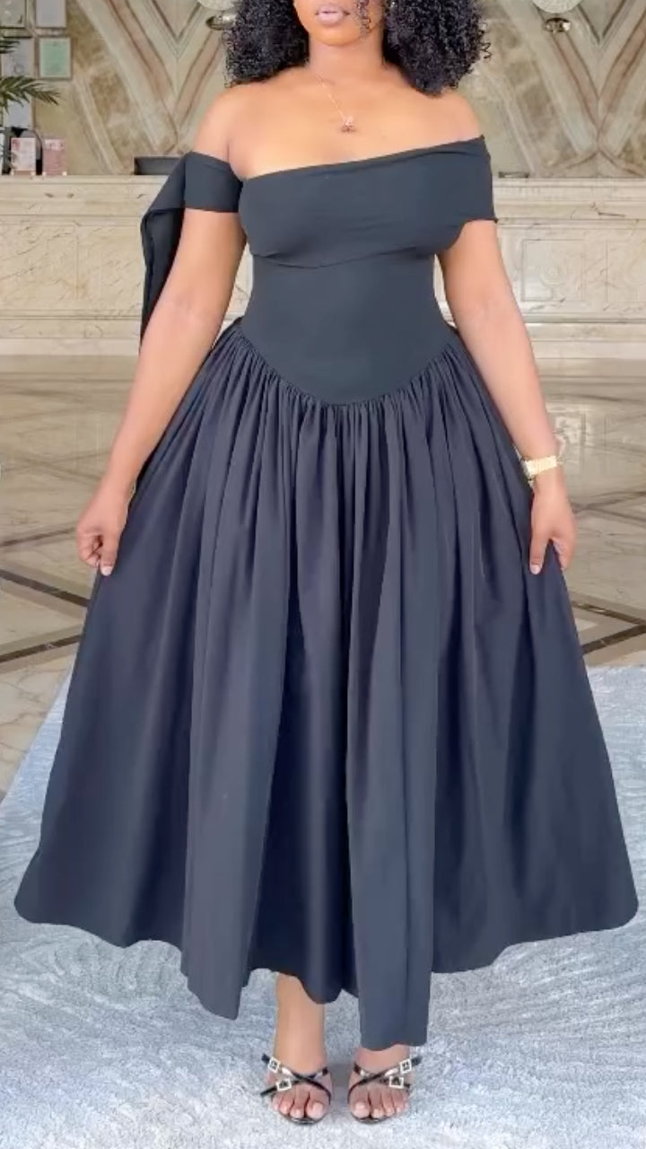 Off Shoulder Bow Sleeve High Waist Full Skirt Midi Formal Party Dress