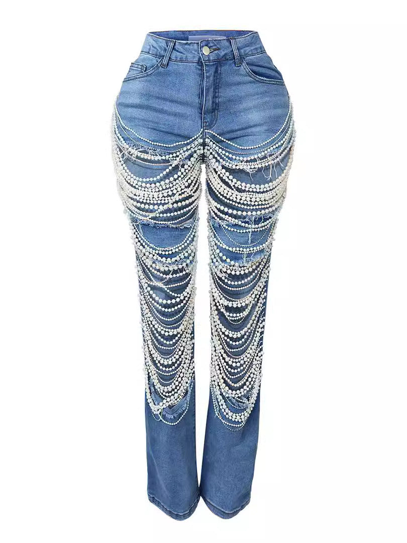 Distressed Denim Jeans with Pearl Chain Details