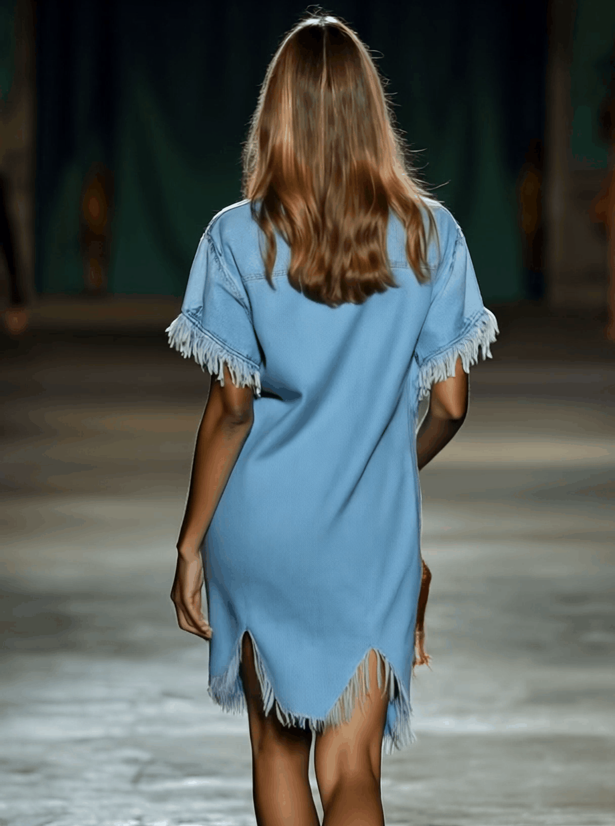 [24-hour shipping out]Casual Loose Vintage Denim Short Sleeve Shirt Tassel Mini Dress