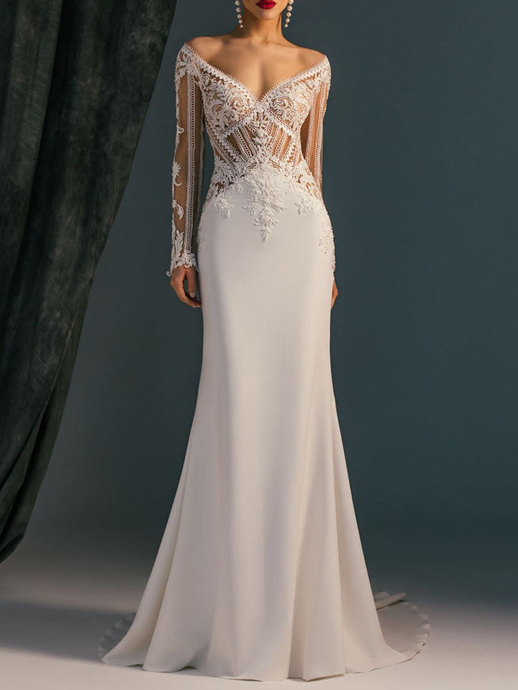 Elegant V-Neck Embroidered See-Through White Mermaid Wedding Maxi Dress