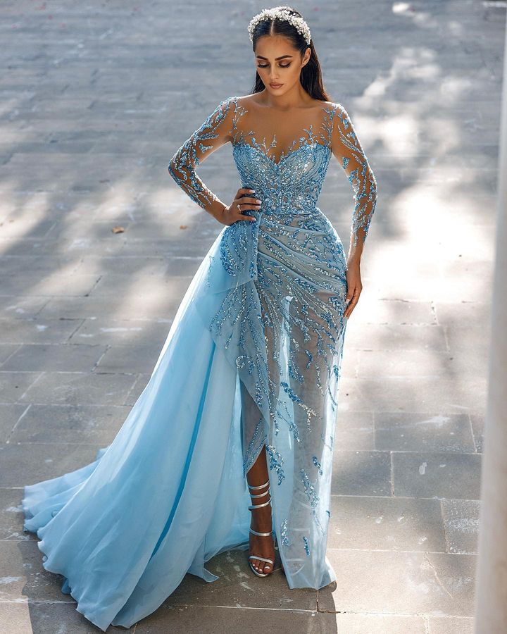 Daisda Stunning Sky Blue Long Sleeves Evening Dress Mermaid Split Long With Ruffles Beads