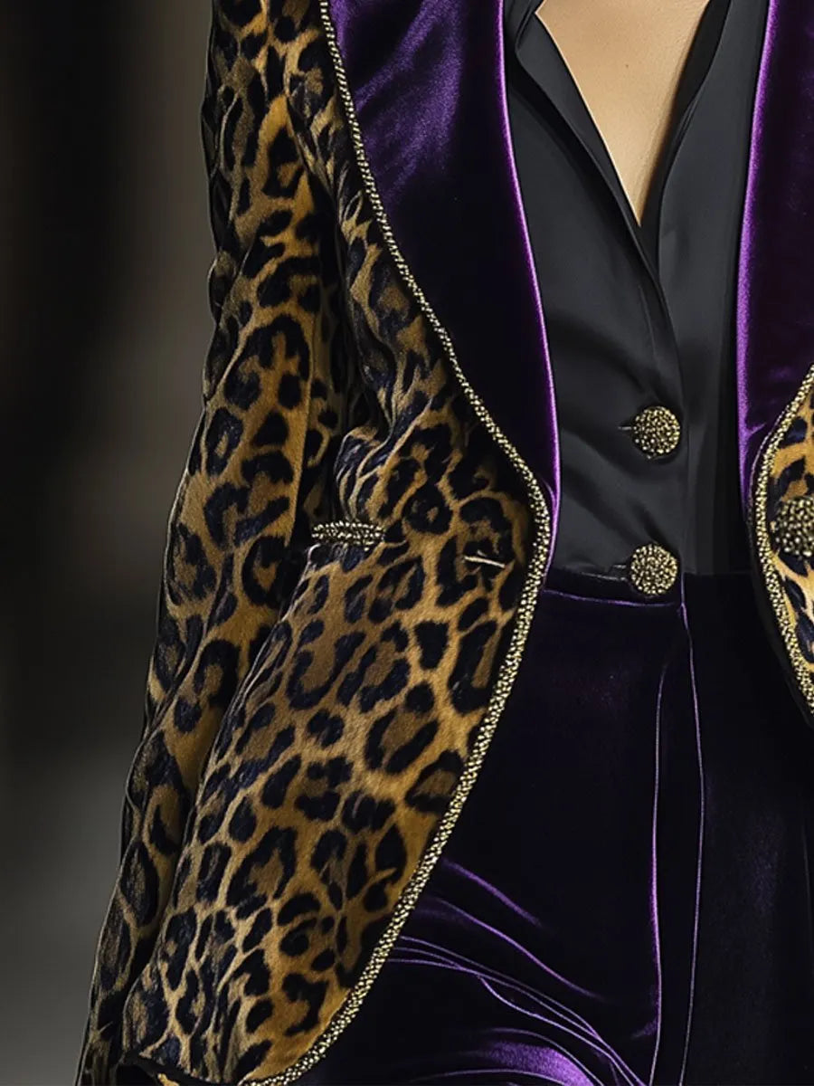 [24-hour shipping out]Casual Vintage Velvet Leopard Print Contrast Lapel Blazer