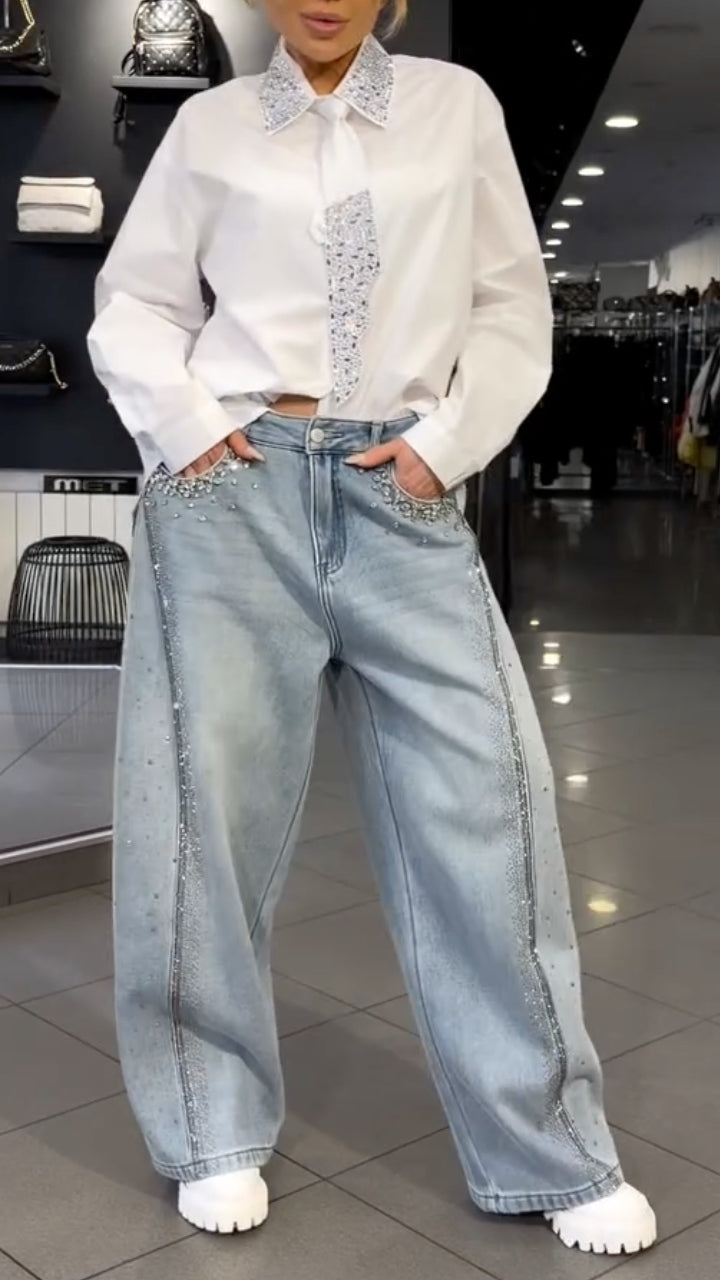 White Rhinestone Shirt Rhinestone Wide Leg Jeans Set