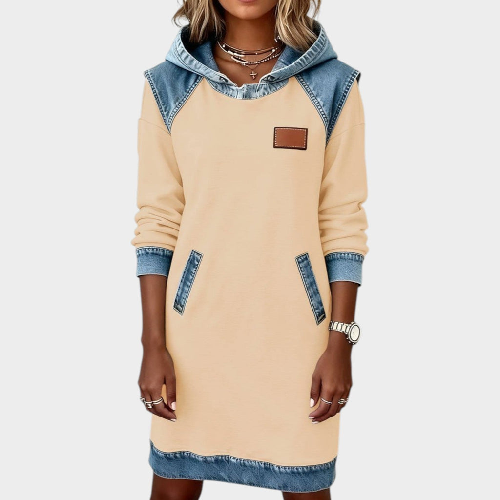 Casual Denim Trim Hoodie Dress