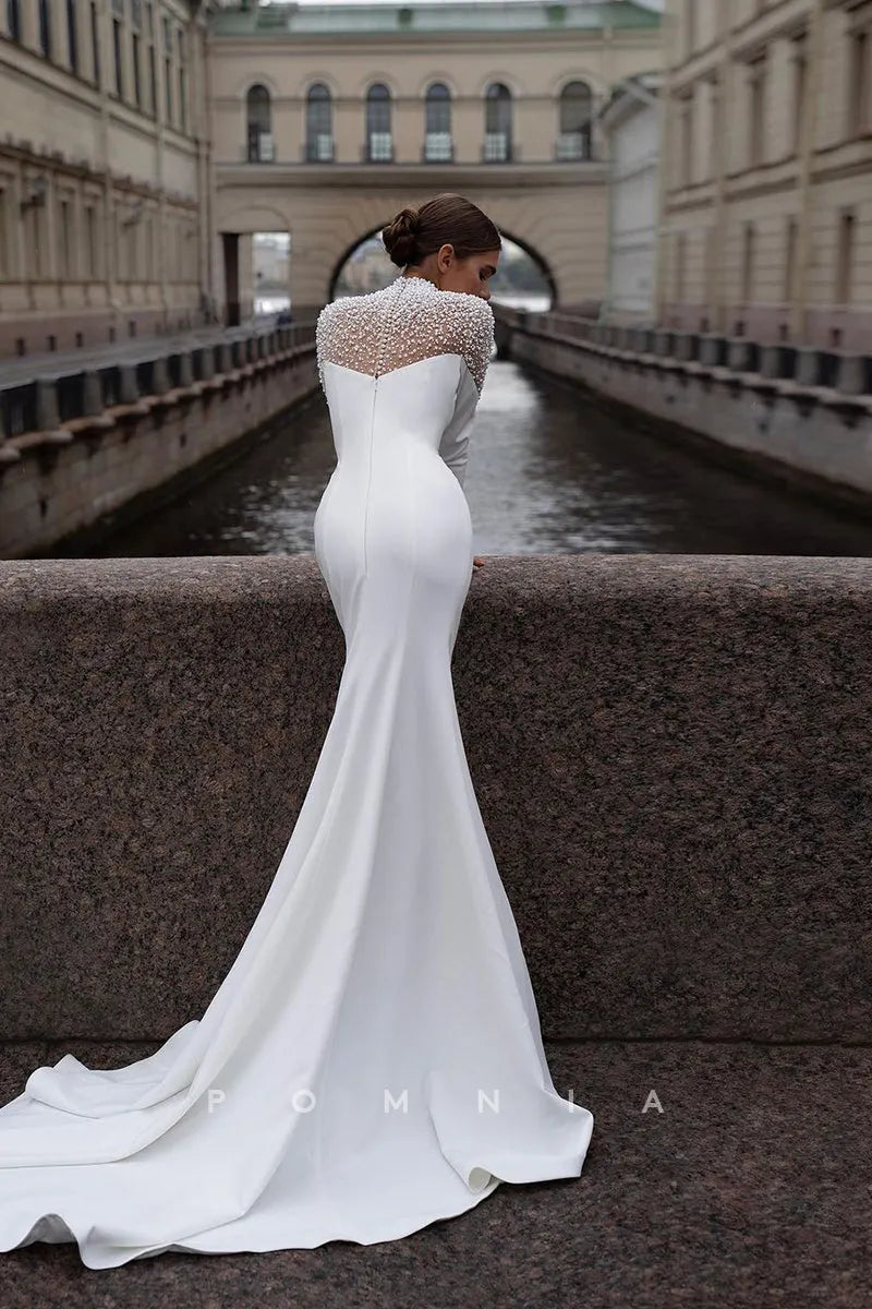 P3093 - Elegant High Neck Pearls Long Sleeves Mermaid Long Beach Wedding Dress
