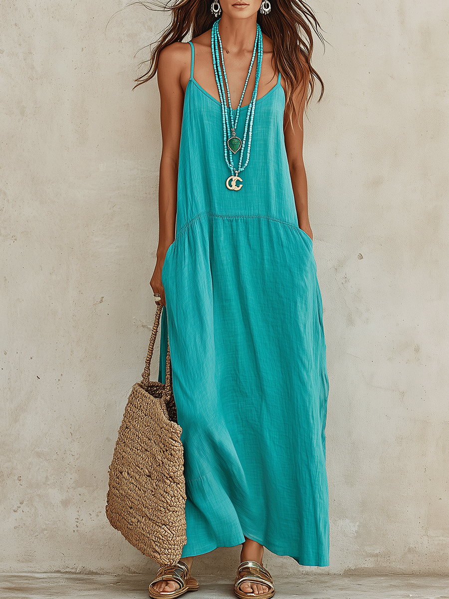 Effortless Resort Cotton-Linen Sleeveless Flowy Teal Cami Maxi Dress