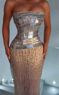 Silver Sequin Fringe Strapless Bodycon Maxi Dress