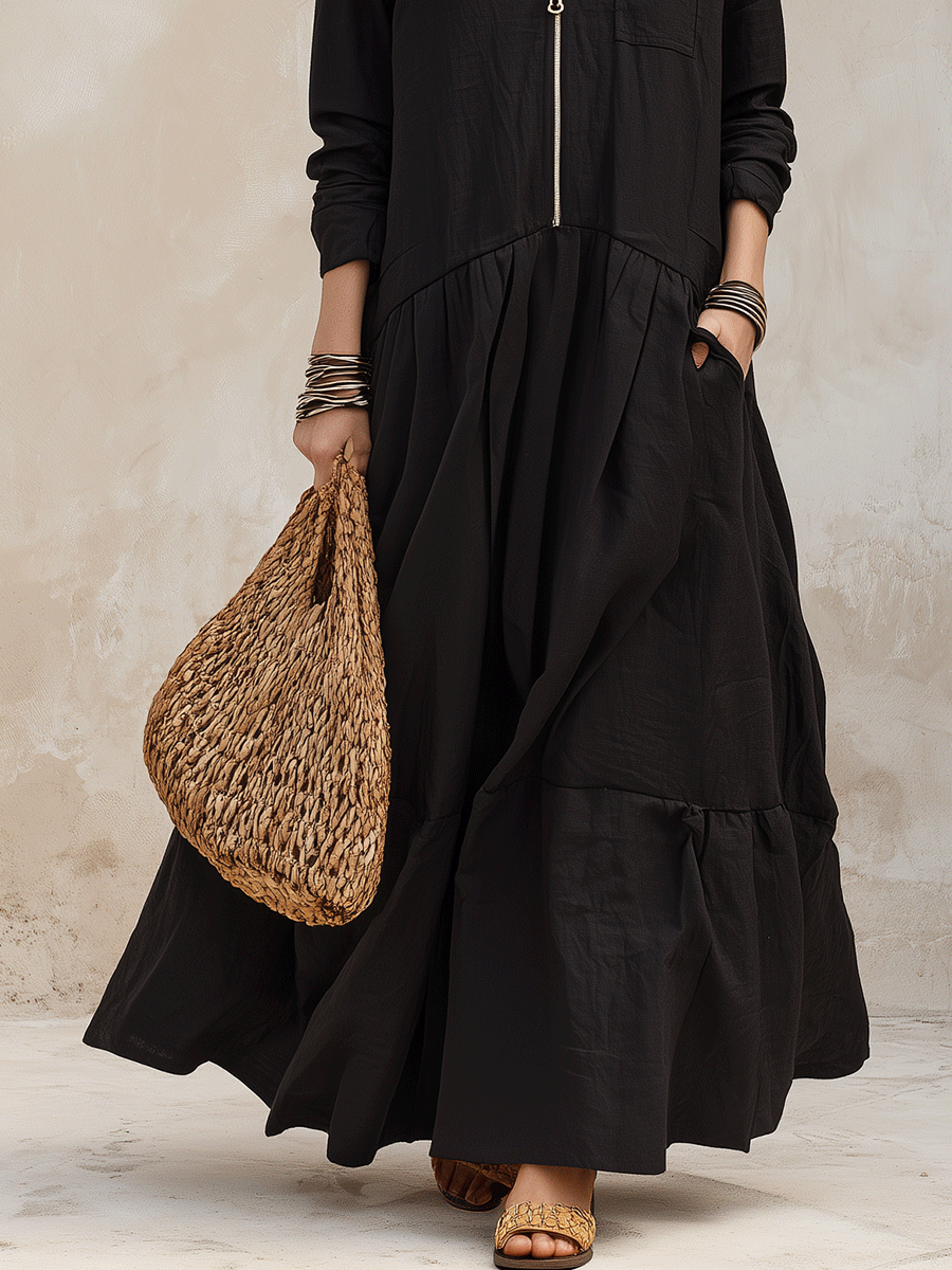 Effortless Boho Linen Zip-Front Tiered Drop-Waist Black Maxi Dress
