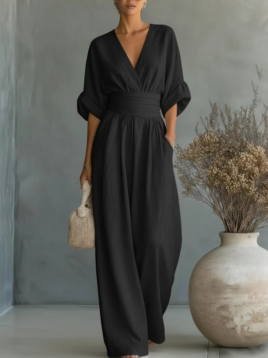 Elegant V-Neck Pleated Wide-Leg Jumpsuit | Flowy High-Waist Romper with Pockets