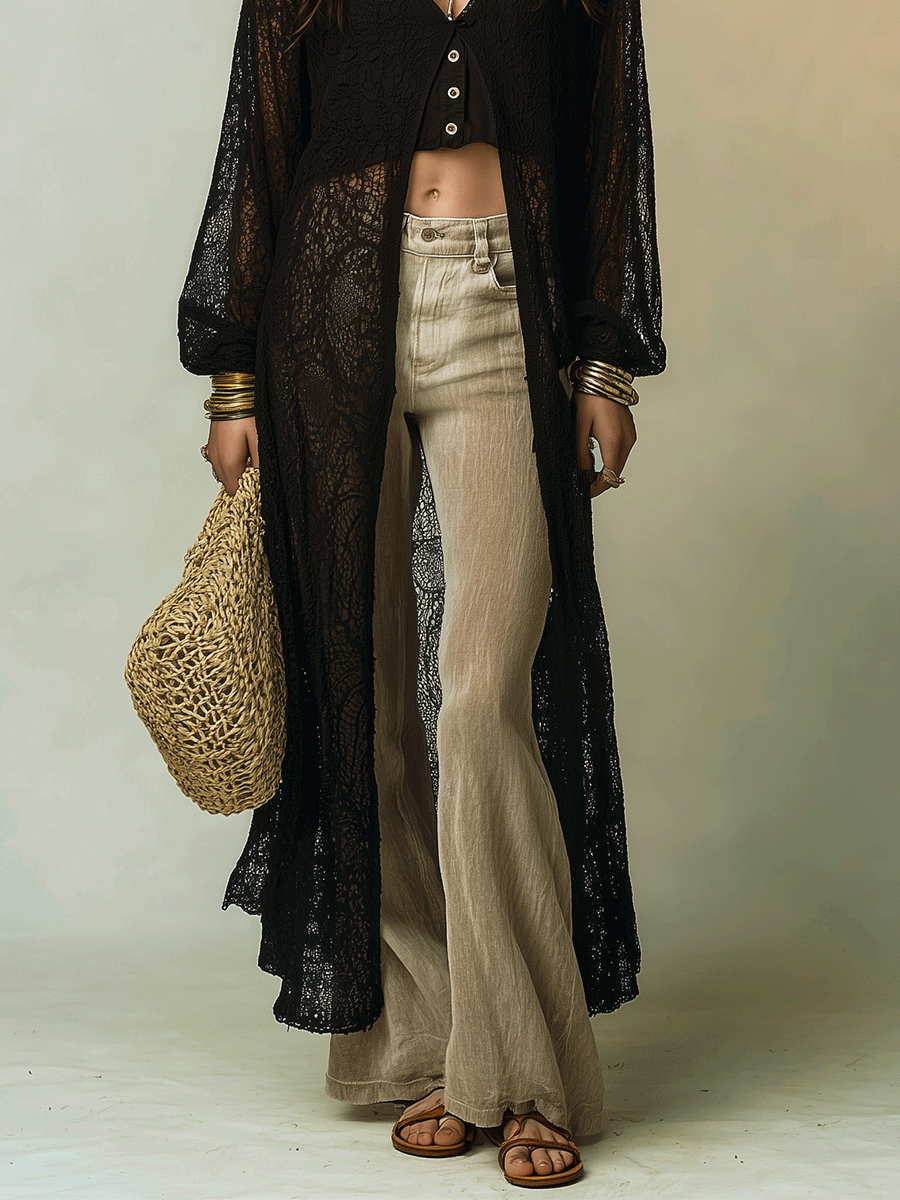 Effortless Coastal Elegance Open-Knit Black Maxi Cover-Up