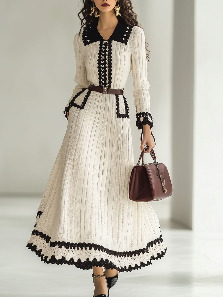 [24-hour shipping out]Fashion Retro Knitted Colorblock Long Sleeve Maxi Dress