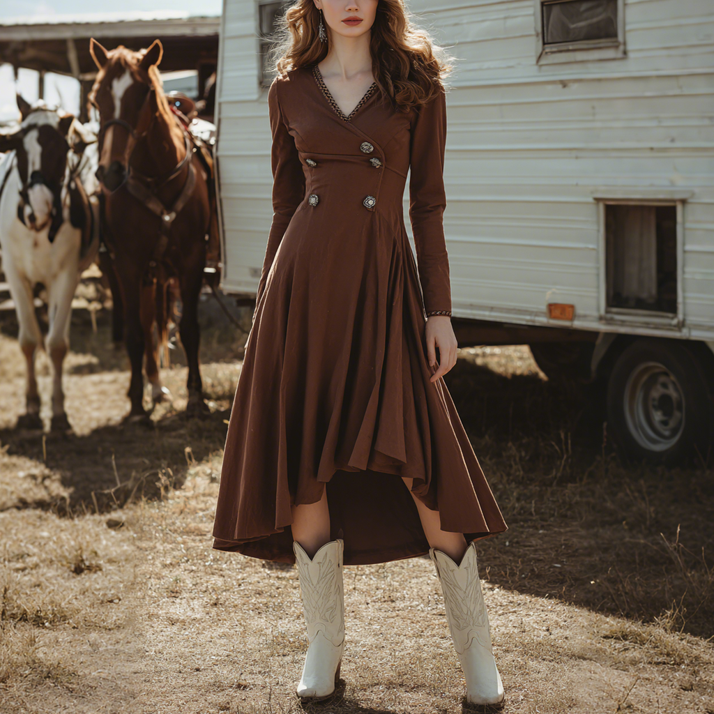 Women's Retro Western Style V-Neck Long Sleeve Dress