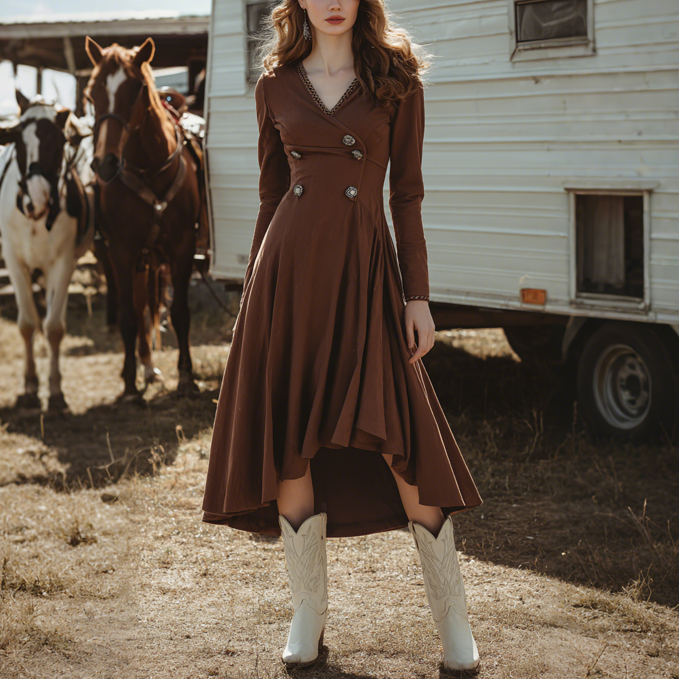 Women's Retro Western Style V-Neck Long Sleeve Dress