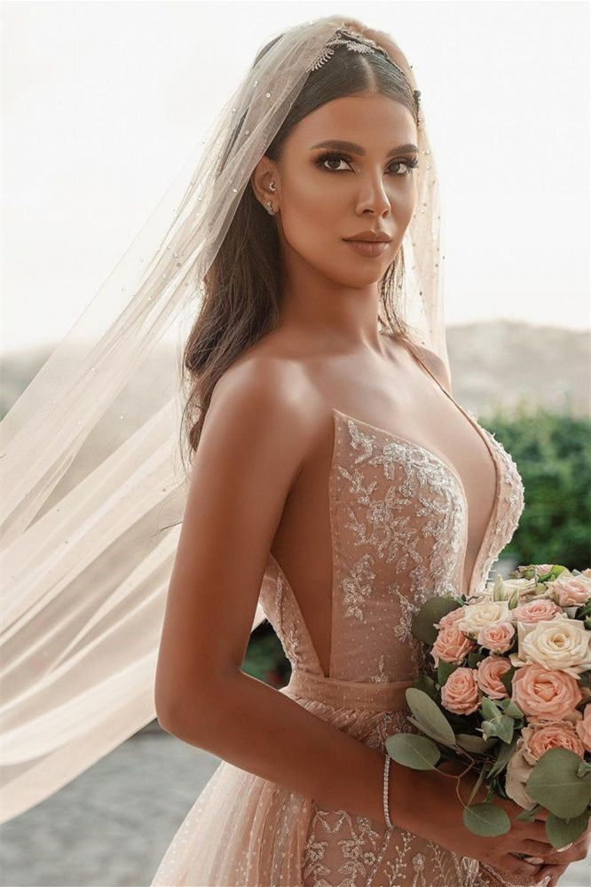 Daisda Spaghetti-Strap Applique Ruffles Mermaid Wedding Dress