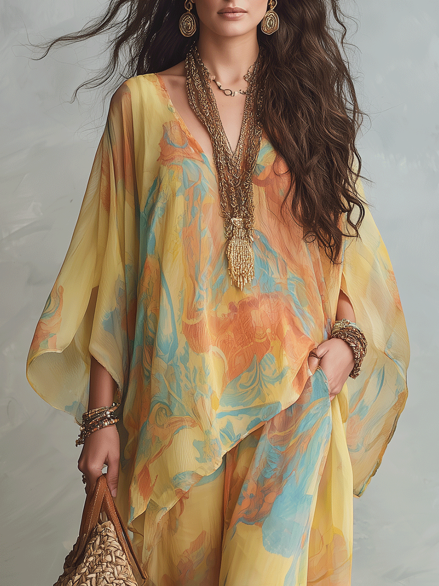 Bohemian Sunset Bloom Resort Maxi Kaftan Top And Pant Set