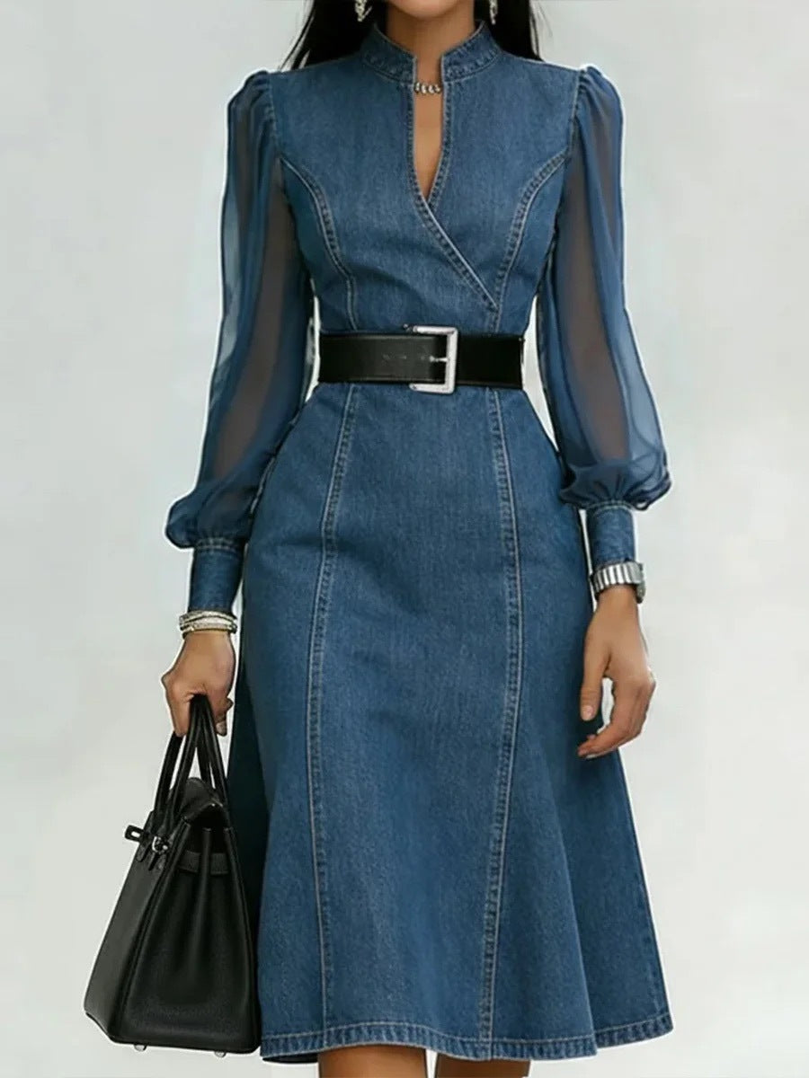 Women's Romantic Sheer Sleeve Denim Dress - Elegant V-Neck A-Line Midi Dress for Work & Date