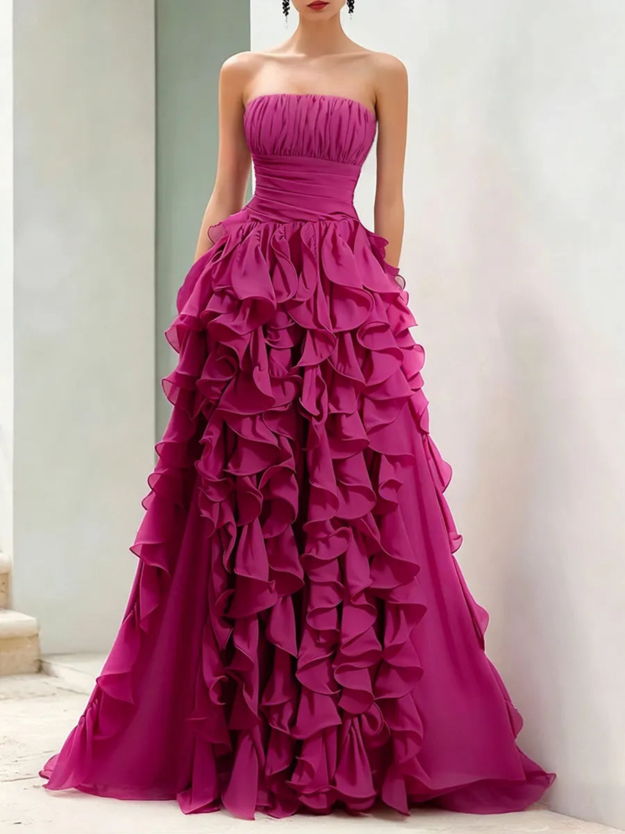 Strapless Magenta Ruffled Ball Gown