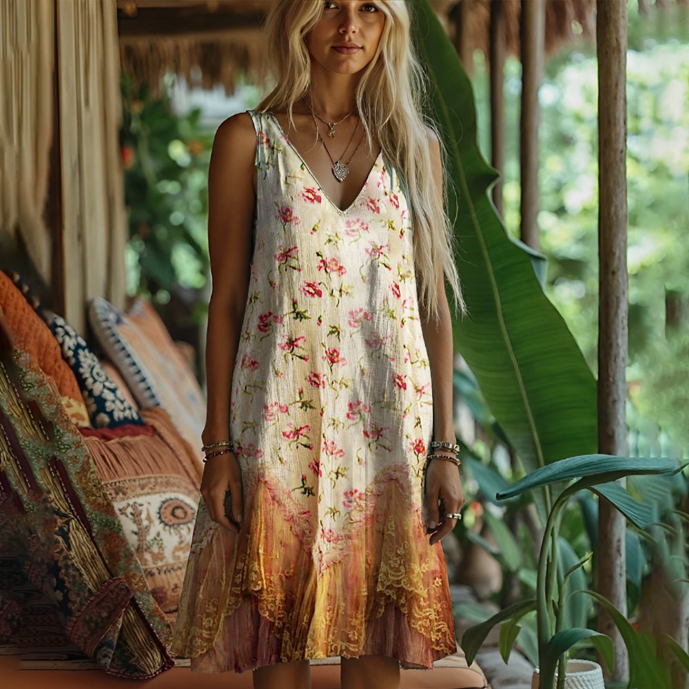 Floral Lace Splicing Rustic Style Women's Linen Vest Dress