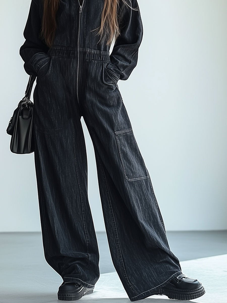 [24-hour shipping out]Casual Loose Retro Denim Zipper Elastic Waist Lapel Long Sleeve Jumpsuit