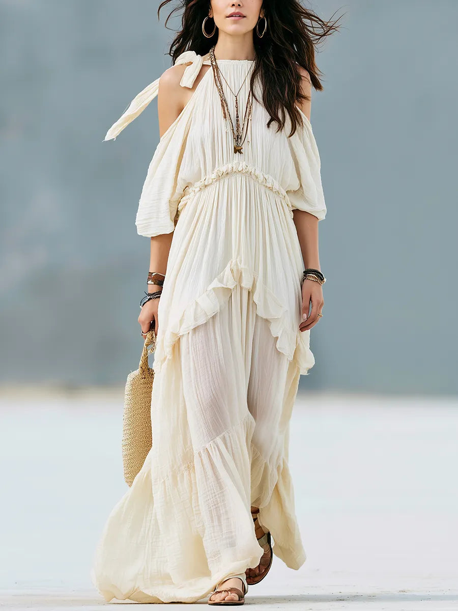 Romantic Ivory Tiered Ruffle Boho Maxi Dress