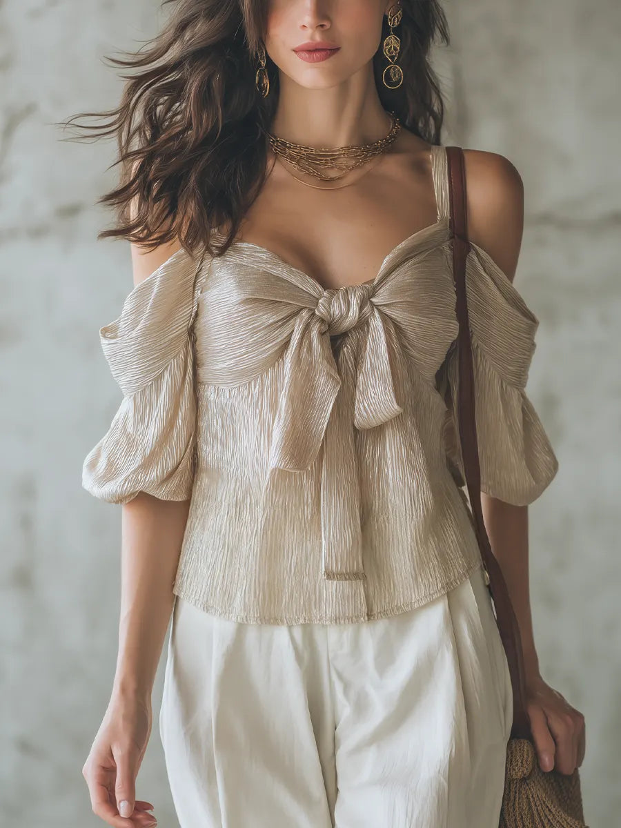 Elegant Champagne Bow Front Off Shoulder Blouse