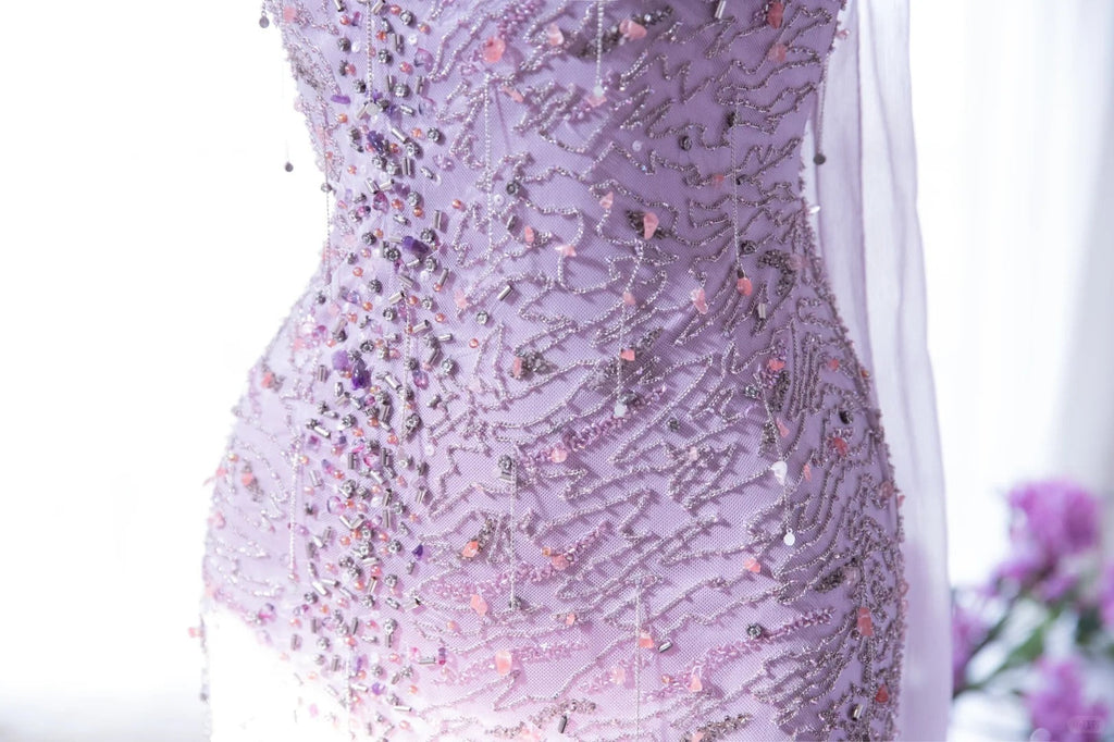Lit Purple Elegant Romantic Exquisite Beaded Long Chiffon Ball Gown Evening Dress Birthday/Wedding Guest/Holiday Party Dress Prom Dress 4022