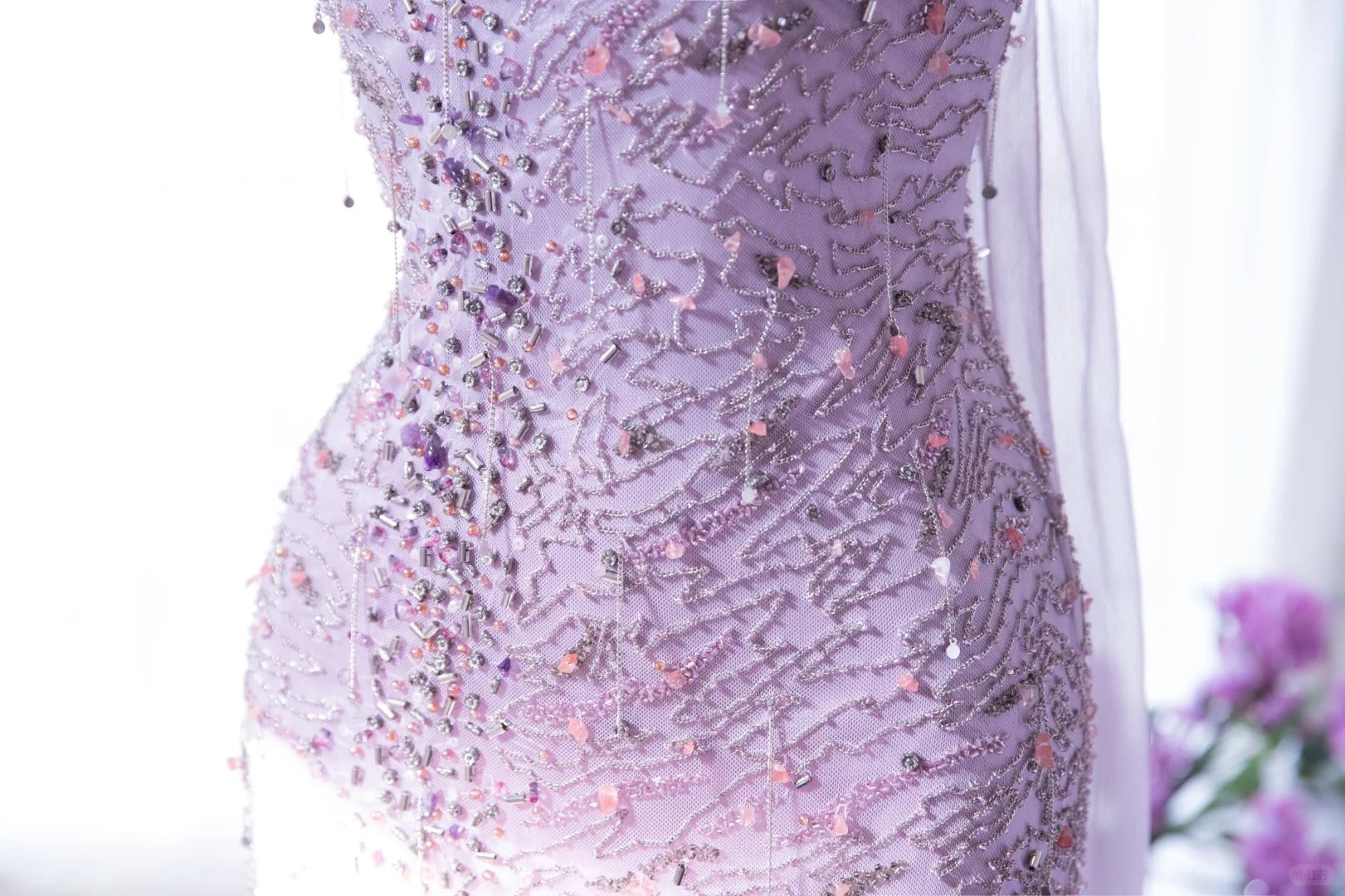 Lit Purple Elegant Romantic Exquisite Beaded Long Chiffon Ball Gown Evening Dress Birthday/Wedding Guest/Holiday Party Dress Prom Dress 4022