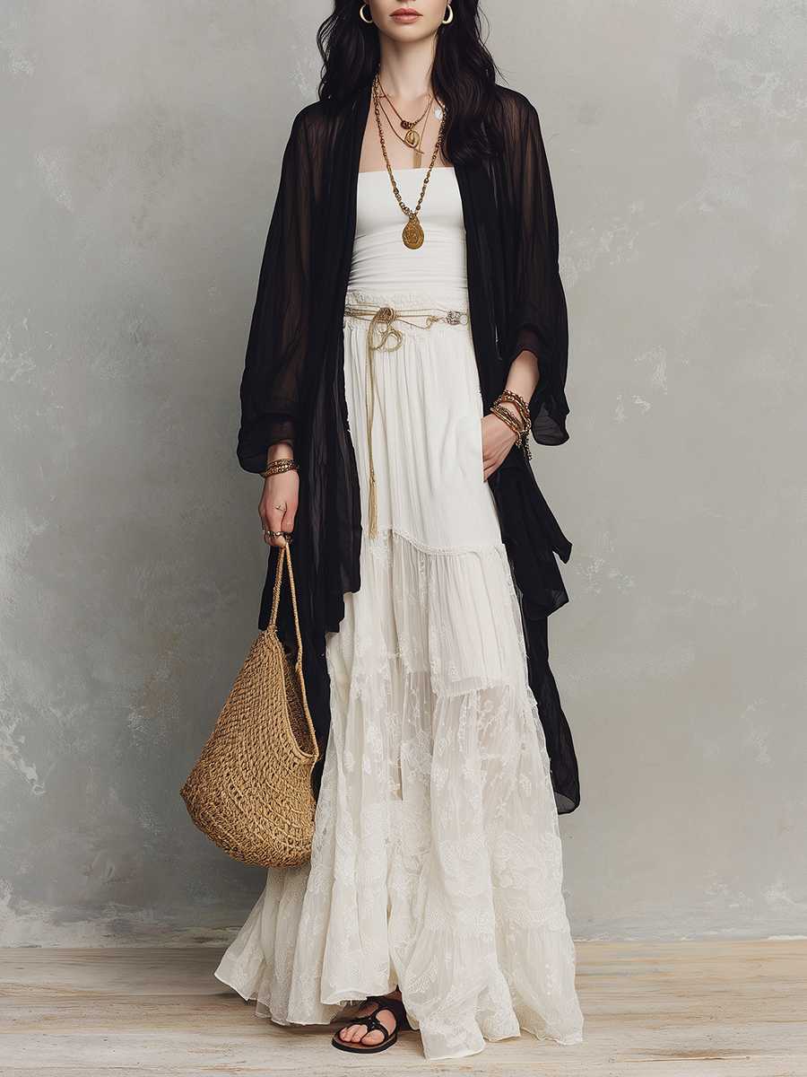 Black Sheer Duster & Ivory Lace Tiered  – Modern Bohemian Elegance Maxi Skirt