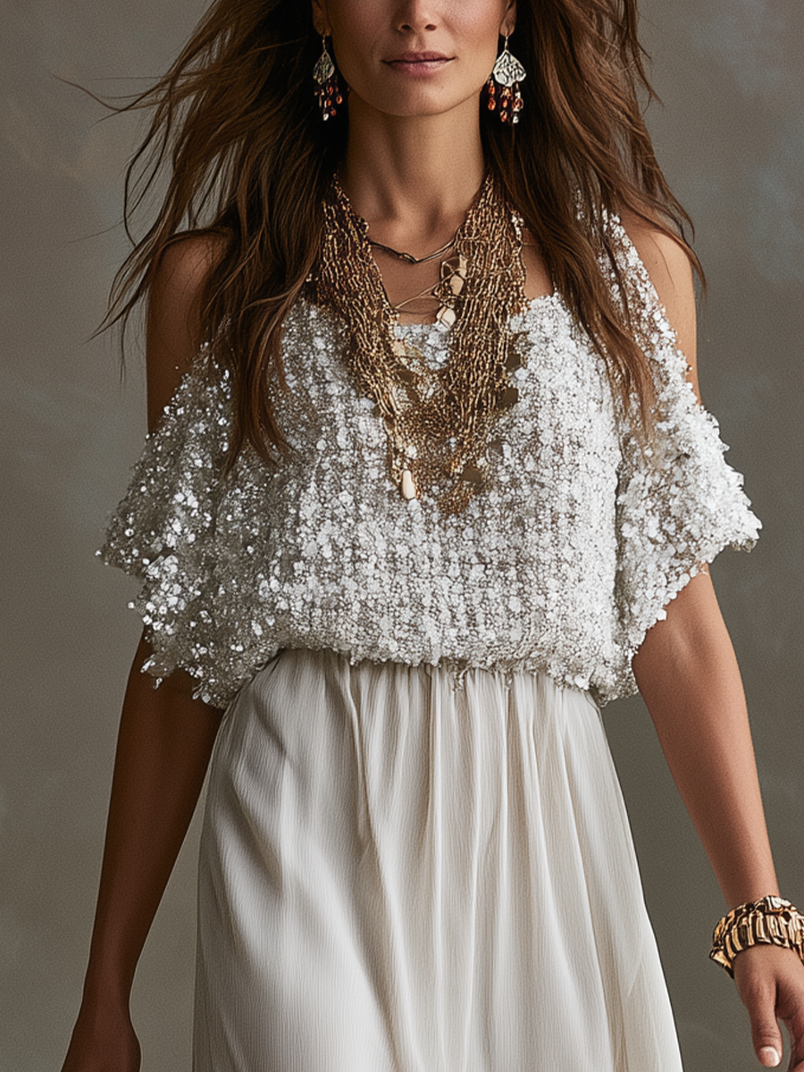Bohemian White Off-shoulder Sequined Chiffon Maxi Dress