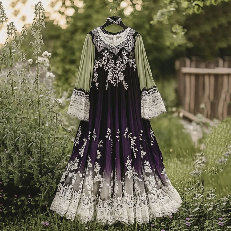 Vintage Tribal Lace Embroidered Floral Art Maxi Dress