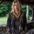 Mysterious Sun Divination Art V-neck Tie-dyed Linen Top