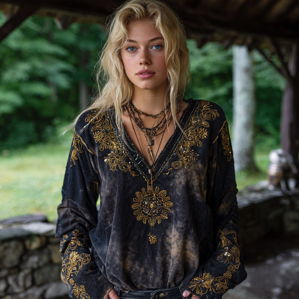 Mysterious Sun Divination Art V-neck Tie-dyed Linen Top