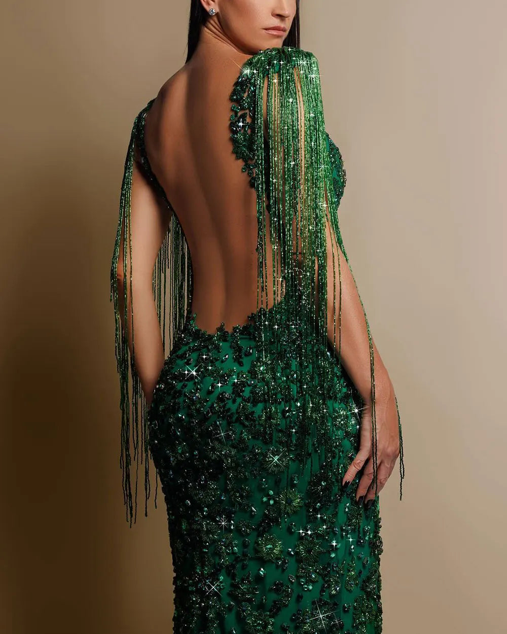 Crystal-Embellished Sequined Fringed Dress
