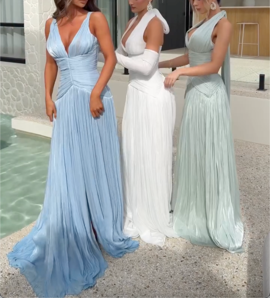 Pleated Shiny Satin Bridesmaid Maxi Gown, Light Blue White Sage Green, Deep V Neck 2 Styles Spaghetti Strap & Halter Formal Wedding Guest Long Dress