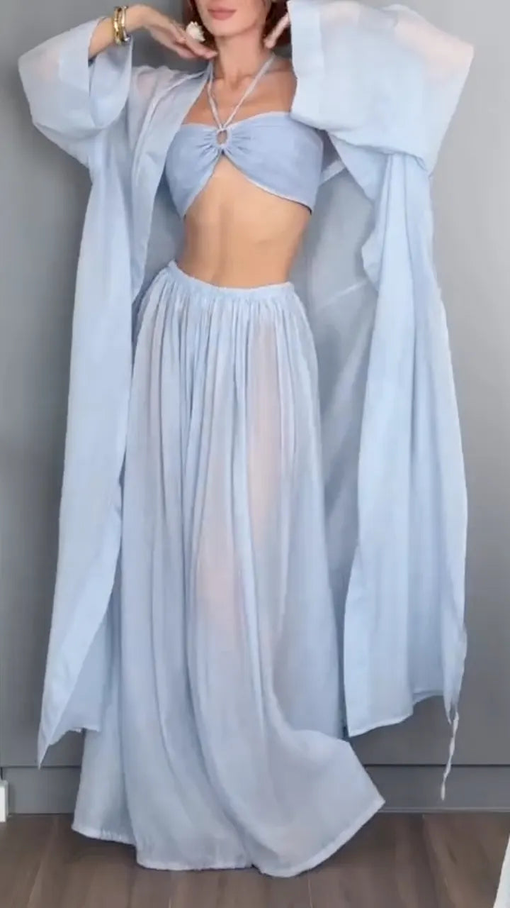 Halter Crop Top + Wide Leg Pants + Long Cardigan 3 Piece Set