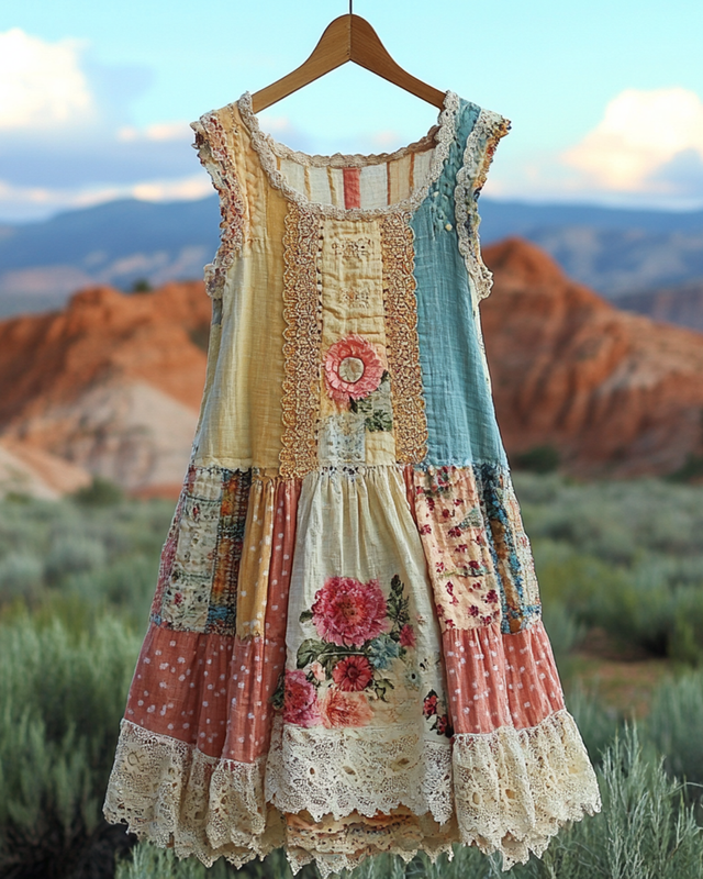 Summer Vintage Floral Lace Patchwork Dress 863e