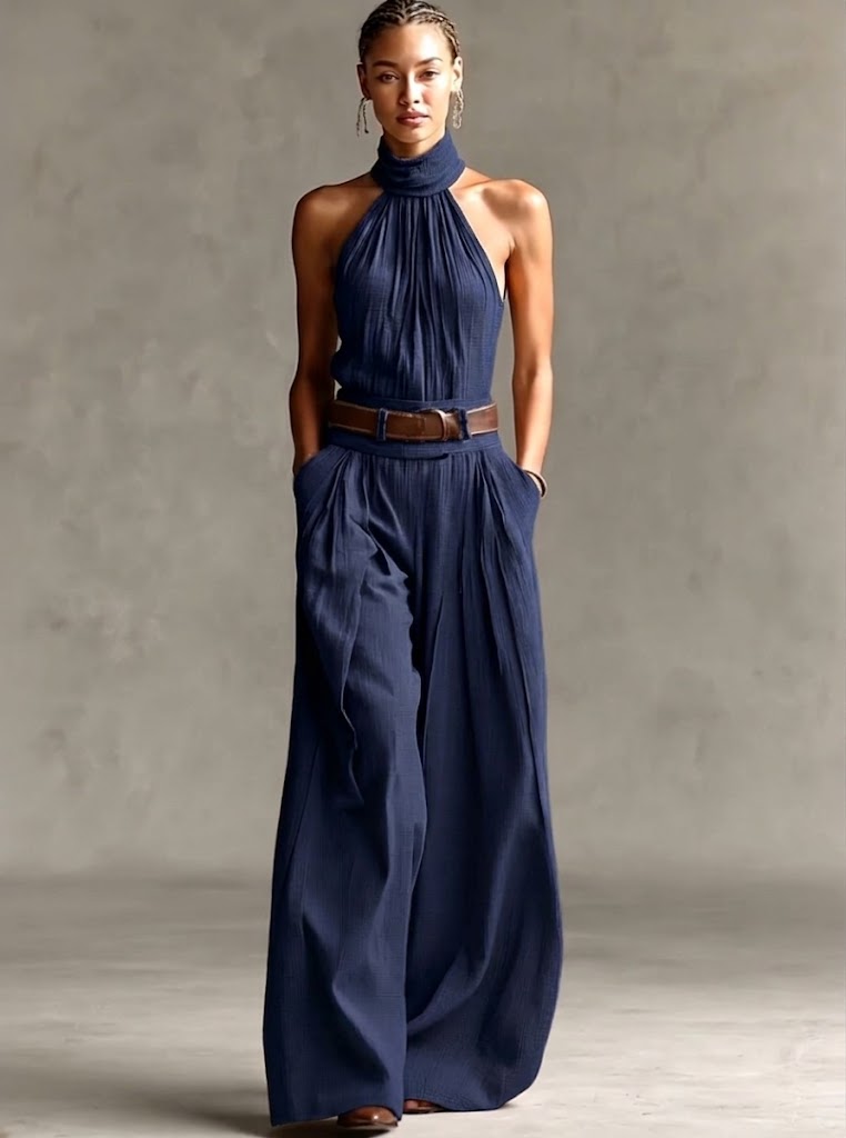 Stylish Waist-cinching Sleeveless Linen-cotton Jumpsuit
