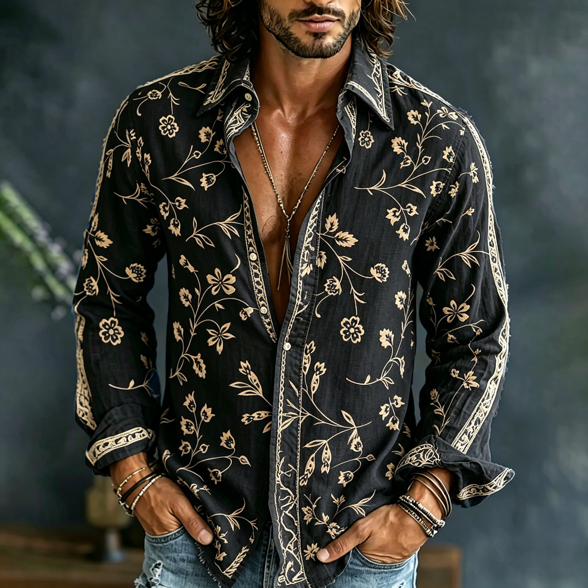 Men's Vintage Spring Floral Embroidered Art Print Flowy Linen Blend Casual Shirt