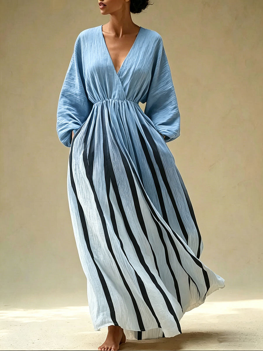 Women's Casual Loose Cotton-linen Dress With V-neck Long Sleeves And Placement Print