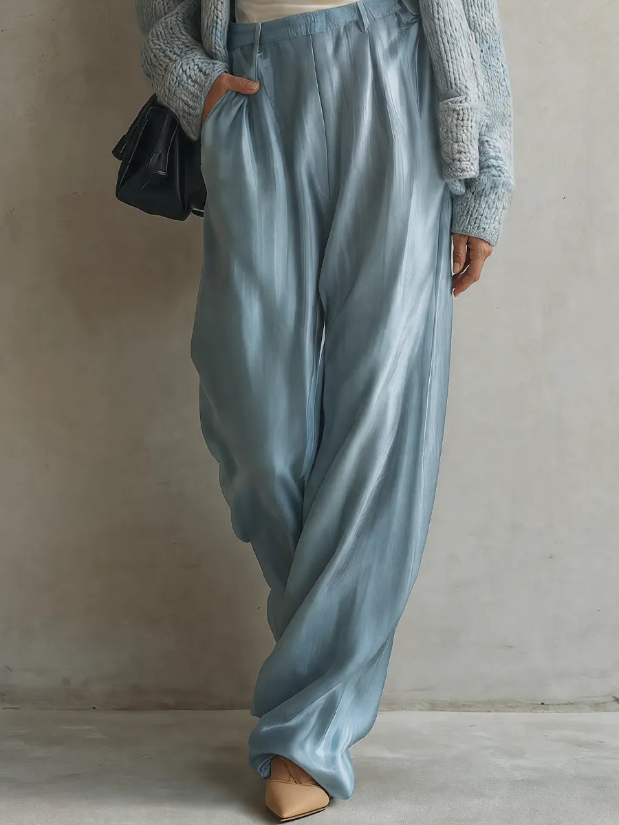 Relaxed Minimal Blue Cardigan & Satin Palazzo Pants Outfit