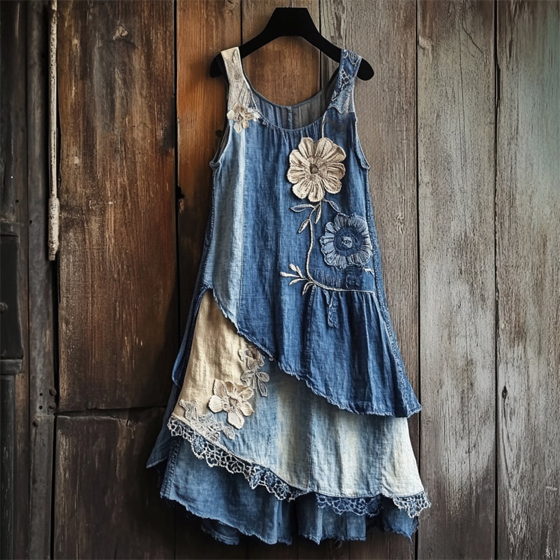 Flowers Denim Textile Lace Layered Tank Dress