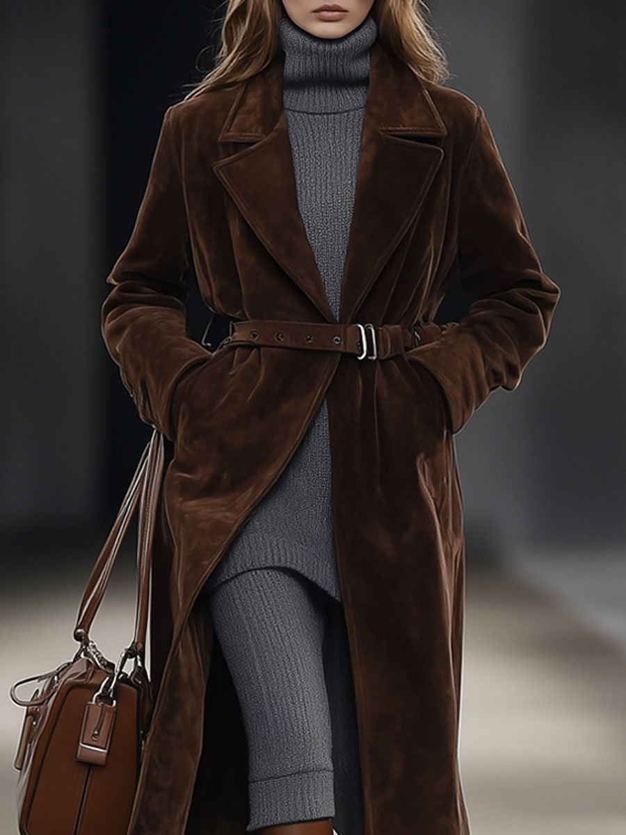 [24-hour shipping out]Casual Loose Retro Solid Chocolate Color Belted Suede Mid-Length Coat