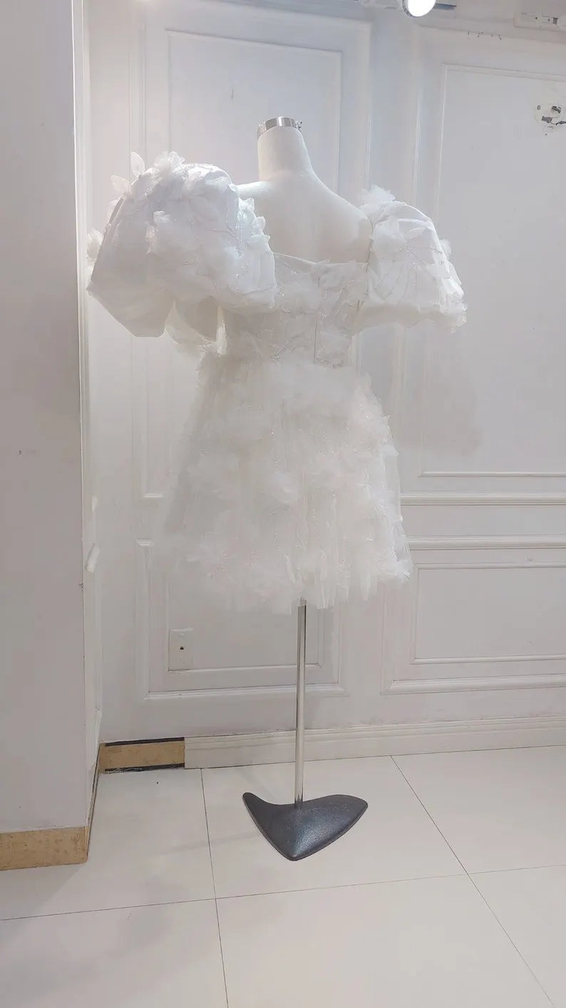 Custom short wedding dress for the bride. Beaded wedding dress with beautiful fabric. Puffy  sleeve short wedding dress.