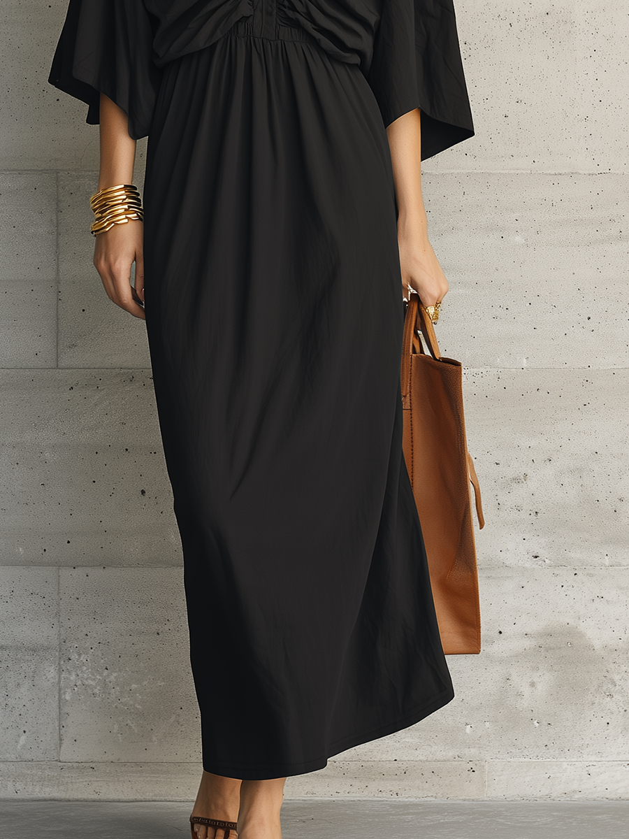 Refined Black Ruched Cape Sleeve Maxi Dress