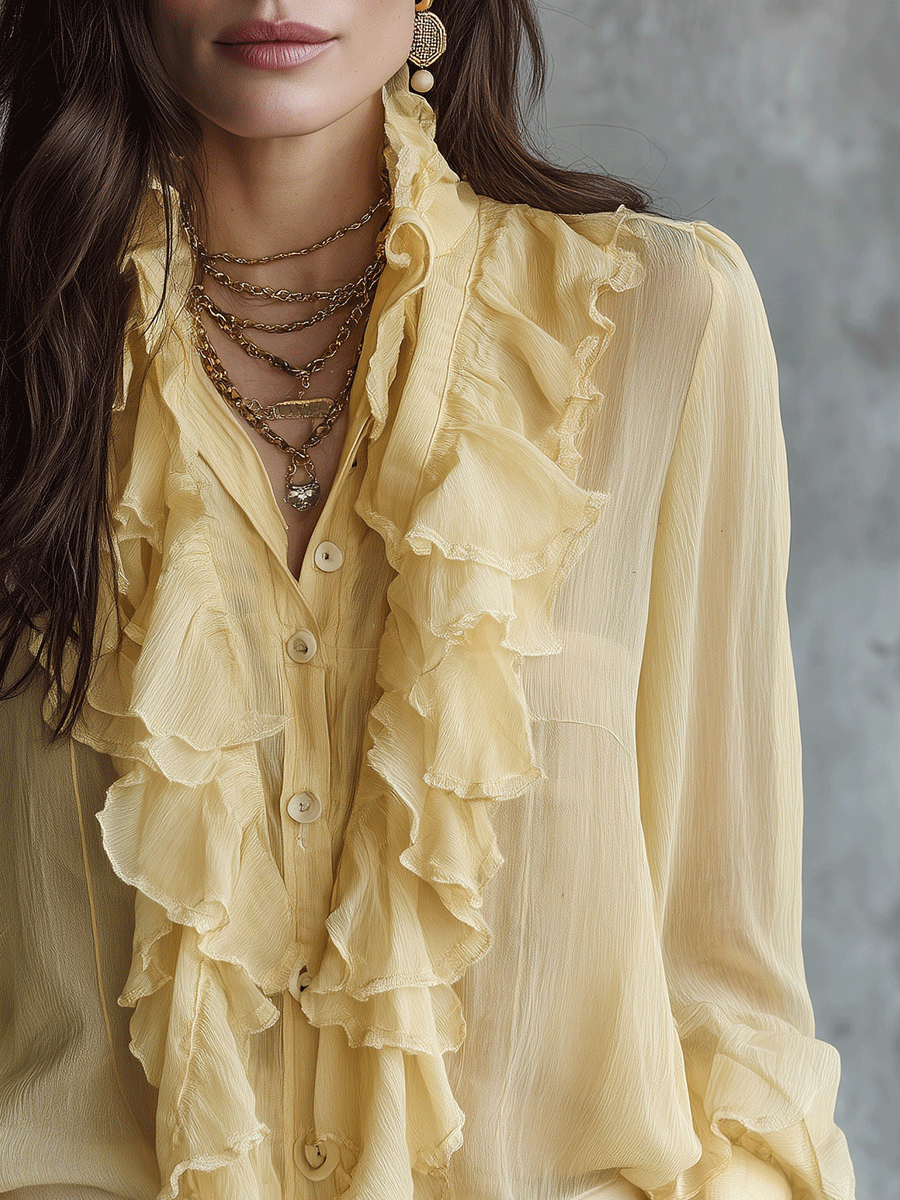 Elegant Coastal Flowy Layered-Ruffle Stand-Collar Lemon Yellow Chiffon Blouse