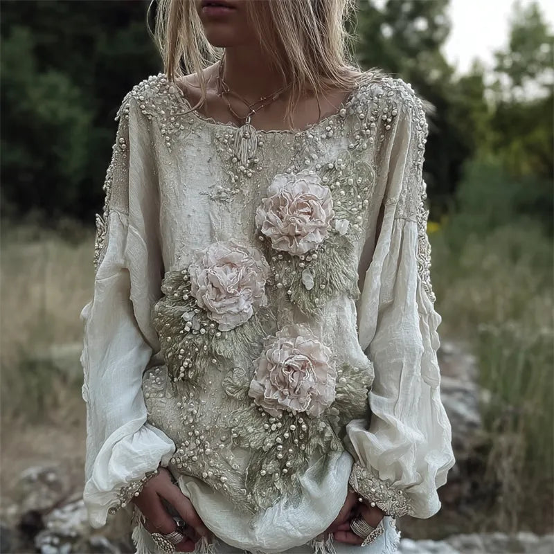 Vintage Pink Flowers Fiber Art Beaded Flowy Linen Tunic