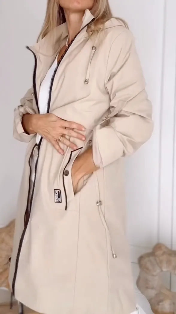 Khaki Hooded Waist-Tied Trench Coat