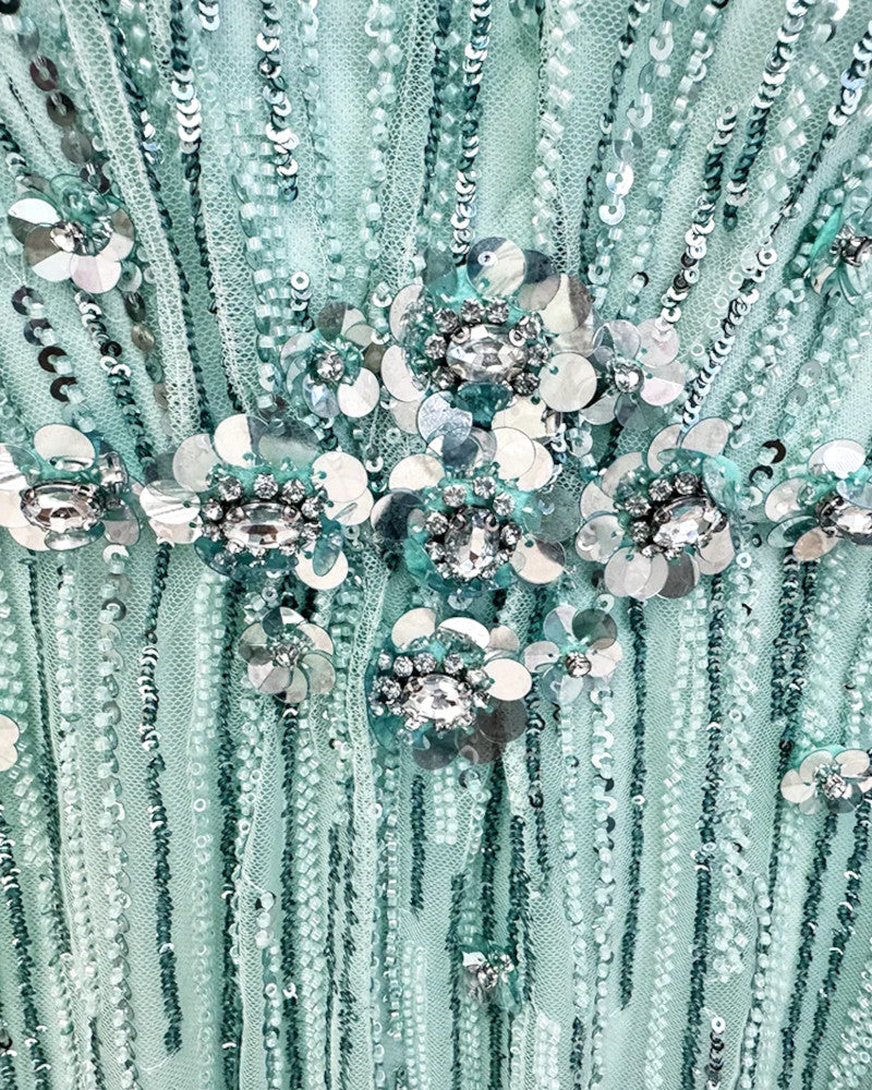 Crystal Floral Strap Sequin Maxi Dress Green