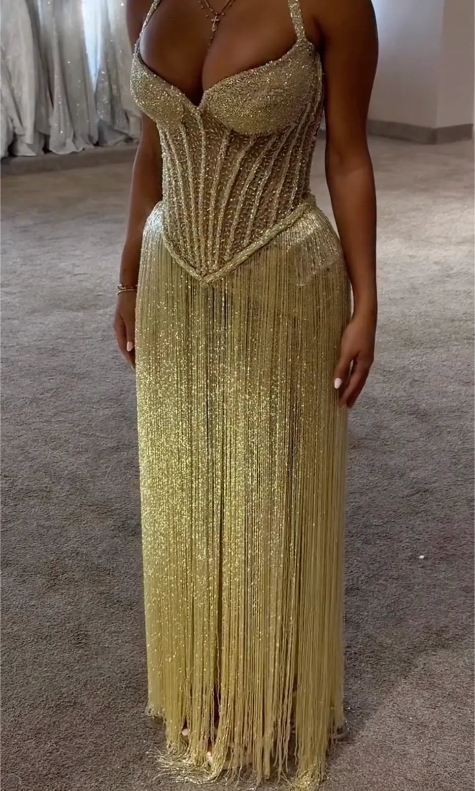 Sweetheart Spaghetti Strap Corset Beaded Fringe Mermaid Evening Gown, Gold Sheer Bodice Long Tassel Floor Length Formal Dress
