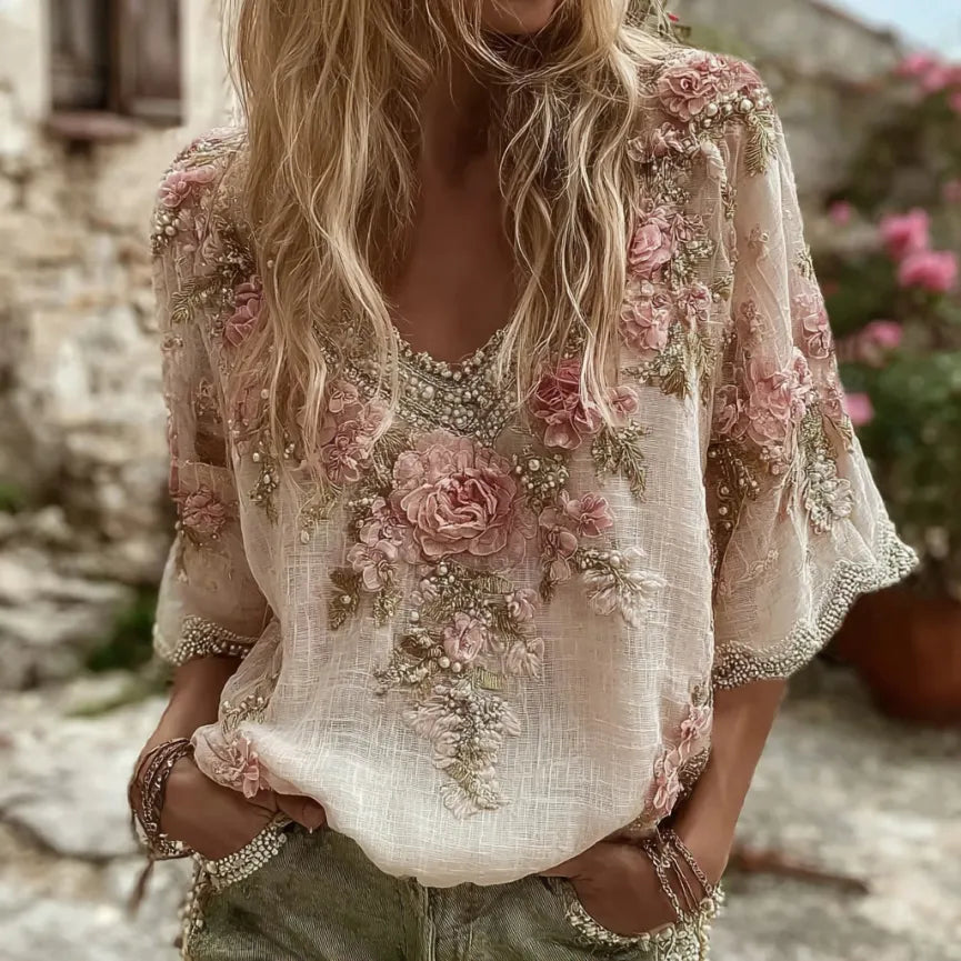 Women's Pink Rose Embroidery Art V-neck Short Sleeve Linen Blend T-shirt